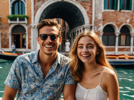 Portrait of happy young couple in Venice, Italy.の素材
