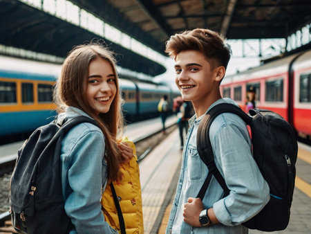 happy young couple with backpacks on the platform of a railway stationの素材