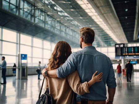Back view of young couple looking at each other while standing in airport terminalの素材