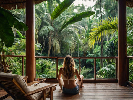 Young woman sitting on the terrace of a hotel with a view on the jungleの素材