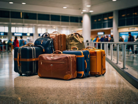 Pile of luggage in airport terminal. Travel and tourism concept.の素材