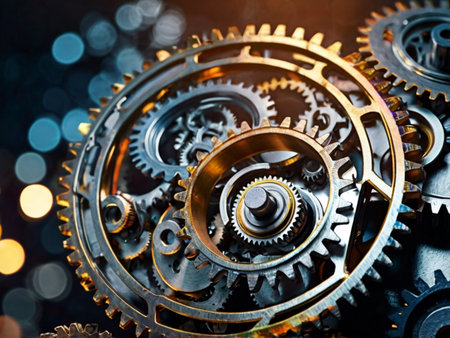 Gears and cogwheels on a dark background with bokehの素材
