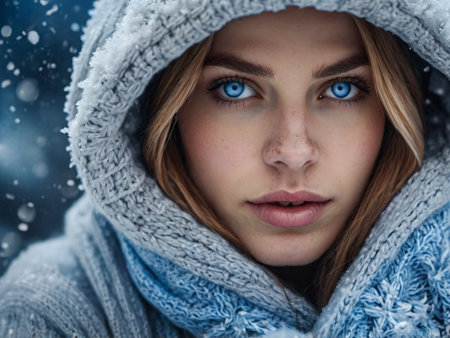 Winter portrait of a beautiful young woman with blue eyes in a winter parkの素材