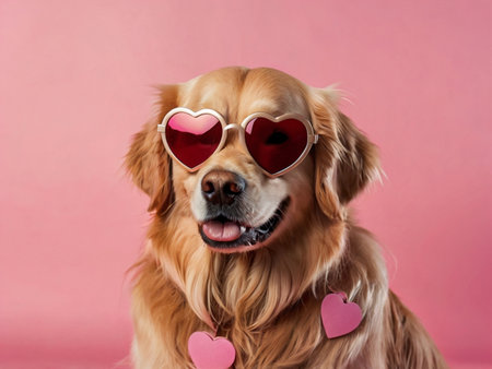 Cute golden retriever dog with heart shaped sunglasses on pink backgroundの素材