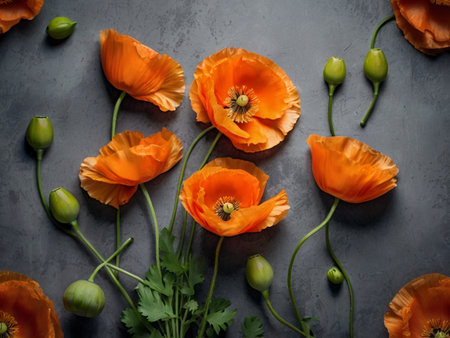 Orange poppies and green leaves on gray background. Top viewの素材