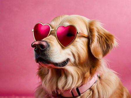 Golden Retriever dog with heart shaped sunglasses on pink background.の素材