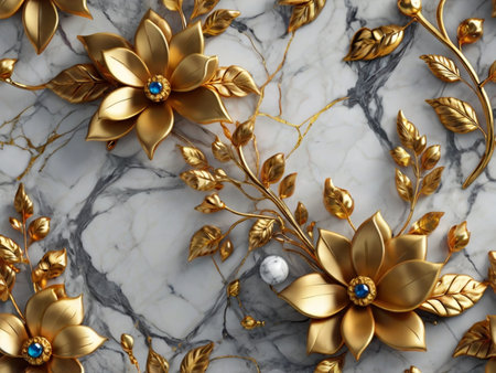 3d render, abstract background with gold flowers, leaves and gemsの素材