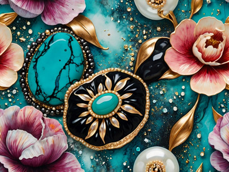 Jewelry and gems on turquoise background. Top viewの素材