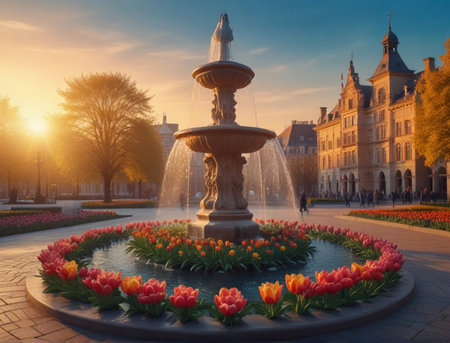 Fountain in the park at sunset, Bruges, Belgiumの素材