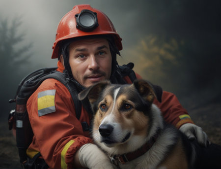 firefighter in red uniform and helmet with his dog in the smokeの素材