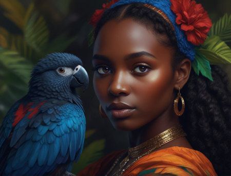Portrait of beautiful African American woman with blue parrotの素材