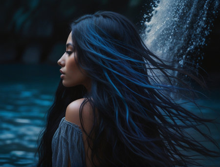 Portrait of a beautiful young Asian woman with long black hairの素材