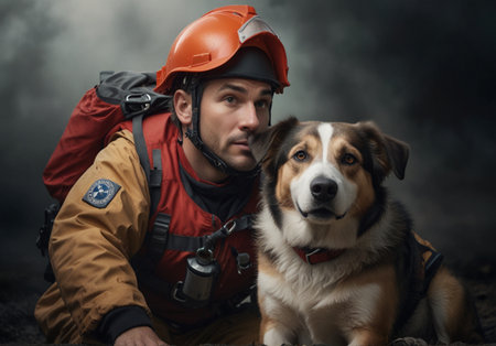 Handsome young man in protective helmet with dog on the dark backgroundの素材