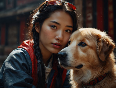 Portrait of a beautiful Asian woman with golden retriever dogの素材