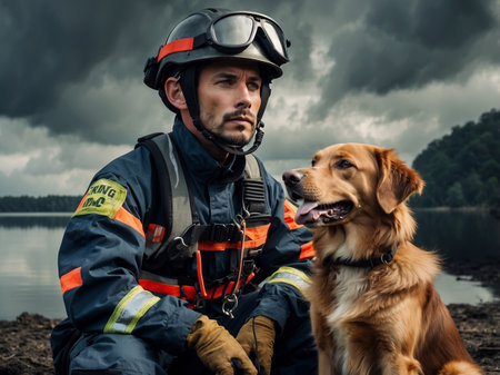 Fireman with dog on the background of the river and cloudy skyの素材
