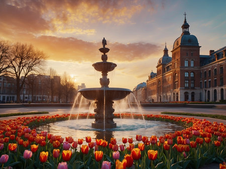 Tulips and fountain in the center of Brussels, Belgium.の素材