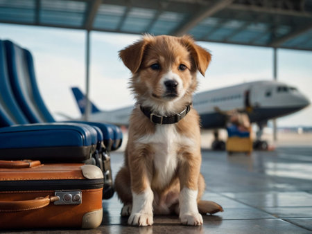 Cute red puppy sitting on the floor with suitcase and airplane in the backgroundの素材