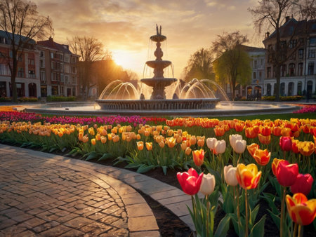 Tulips and fountain in the city park at sunset. Hollandの素材