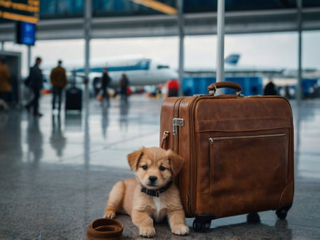 Puppy of golden retriever sitting on luggage at airport.の素材
