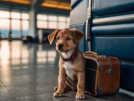 Puppy waiting for the flight at the airport. Travel concept.の素材