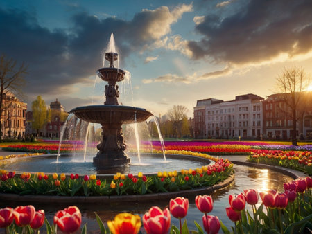 Tulips and fountain in Keukenhof park in the Netherlandsの素材