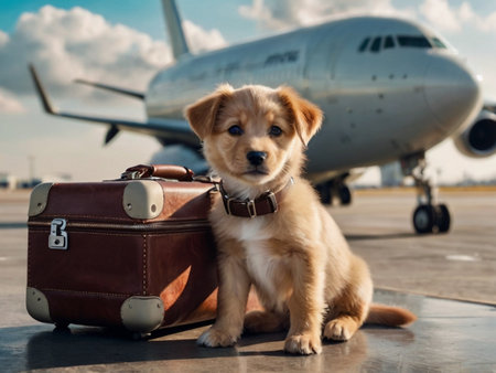 Golden retriever puppy sitting on a suitcase in front of an airplaneの素材
