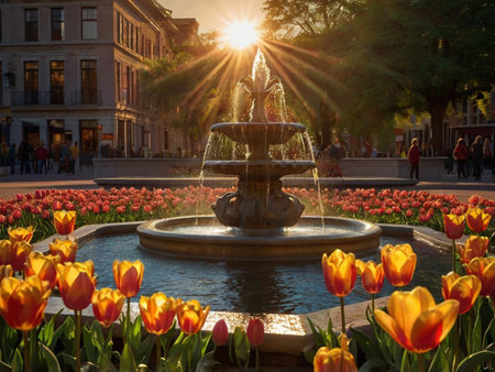 Tulips and fountain in the city park in the rays of the setting sunの素材