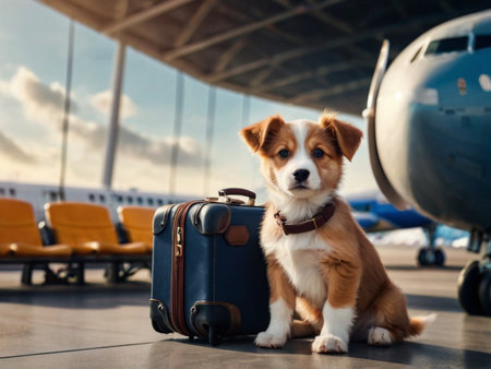 Cute welsh corgi puppy sitting with a suitcase at the airportの素材