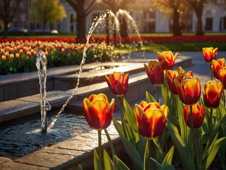 Beautiful tulips in the city park at sunset. Spring landscape.の素材