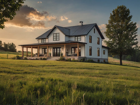 Luxury house in the countryside at sunset. Countryside.の素材