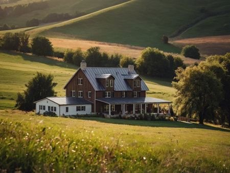 Beautiful rural landscape in the morning light. Rural landscape with a country houseの素材