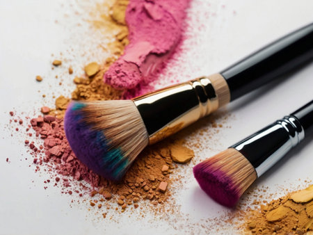 Make-up brushes and crushed eyeshadow palette on white backgroundの素材