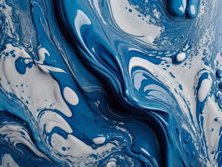 Abstract background of blue and white acrylic paint in water with waves and splashesの素材