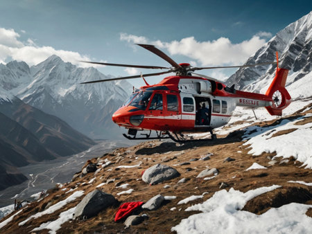 Helicopter on the background of snow-capped mountains.の素材