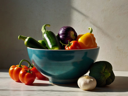 Vegetables in a blue bowl on a white table. Selective focus.の素材