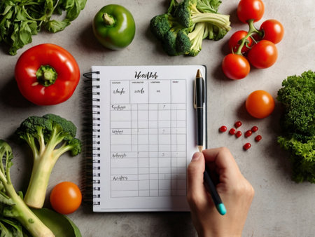Healthy eating and dieting concept. Top view of woman's hand writing daily planner with fresh vegetables on tableの素材