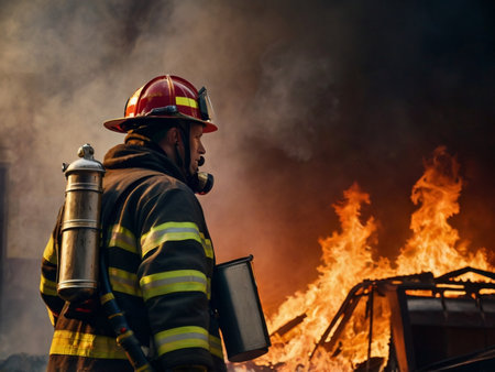 Firefighter with fire extinguisher in action. Fire fighting concept.の素材