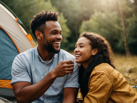 Cheerful african american couple sitting near tent in forestの素材