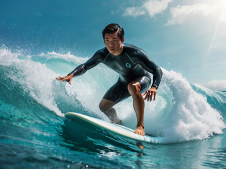 Young surfer in wetsuit riding wave on sunny day.の素材