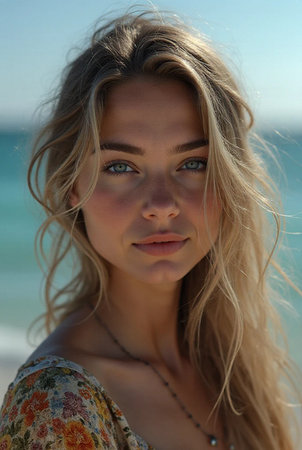 Portrait of a beautiful young woman with long blond hair on the beachの素材