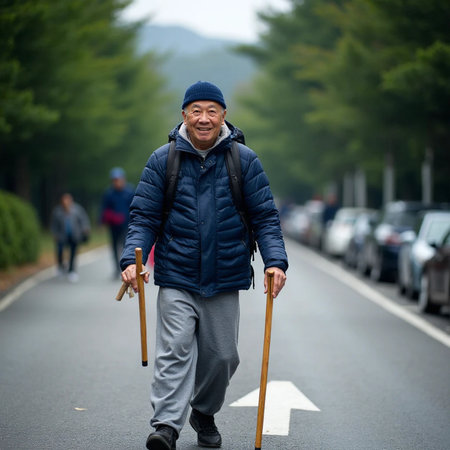 Elderly man with walking stick on the road in the cityの素材