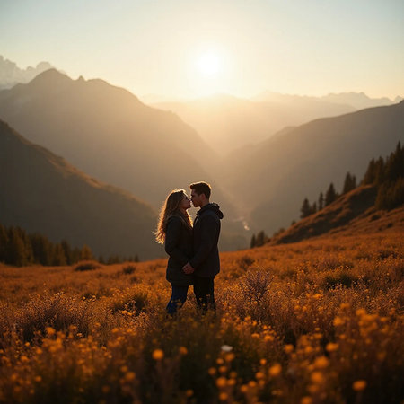 couple in love kissing on the background of the mountains at sunsetの素材