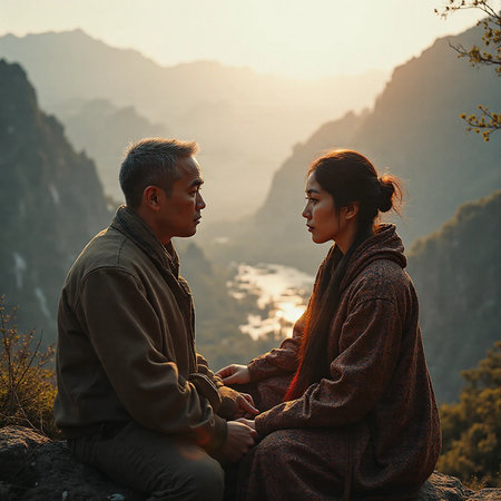 Young asian couple sitting on the cliff and looking at the sunsetの素材