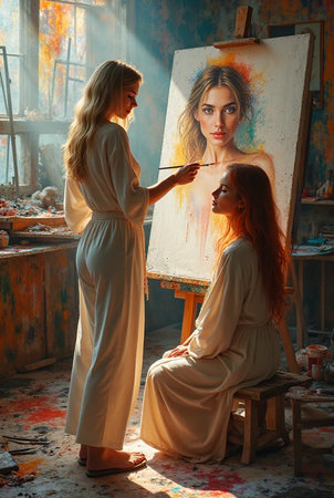 Two beautiful girls in a long dress are painting on an easelの素材