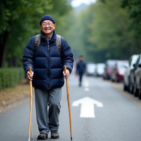 Elderly man with crutches walking on the road.の素材