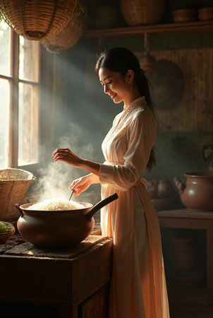 Beautiful asian woman cooking rice in the kitchen at home.の素材