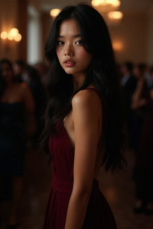 Portrait of a beautiful Asian woman in red dress looking awayの素材