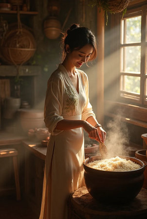 Young woman cooking rice in the kitchen at home, Asian beautyの素材