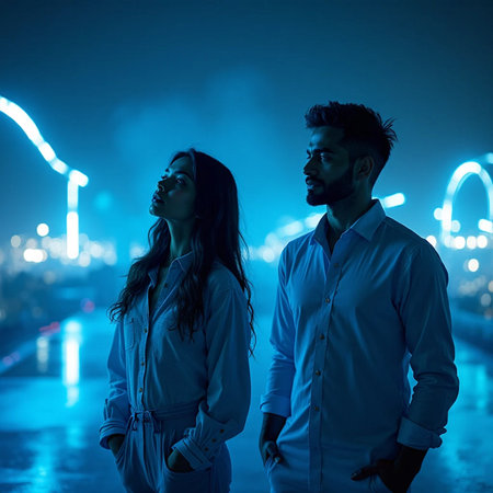Young couple in love on the street at night with city lights in the backgroundの素材