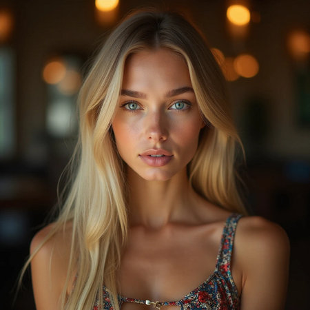 Portrait of a beautiful blonde woman with blue eyes and long hair.の素材